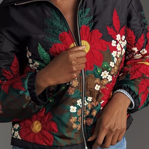 Anthropologie Jackets & Blazers - Anthropologie XL Floral Embroidered Bomber Jacket | Quilted Puffer Coat